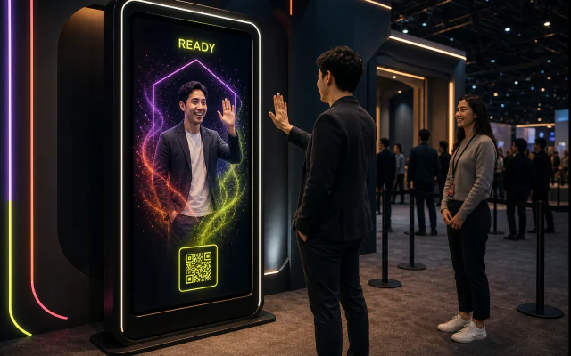 Fuar alanında ziyaretçinin yapay zekâ destekli aynayla etkileşip QR kodlu çıktıya ulaştığı kiosk sahnesi