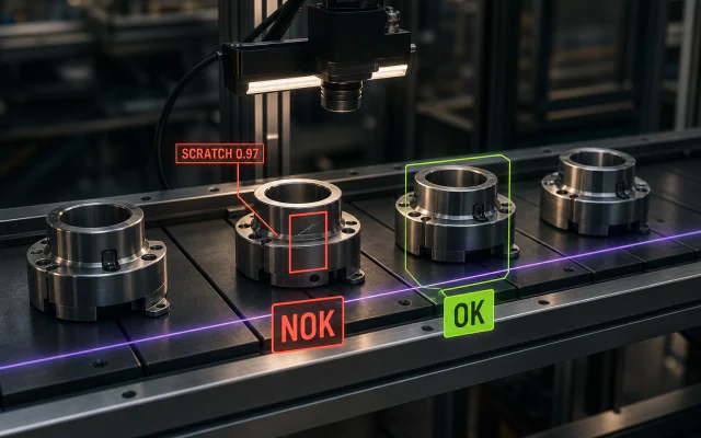 Konveyörde çizik kusurunu işaretleyip NOK kararı veren ürüne özel optik kalite kontrol sahnesi
